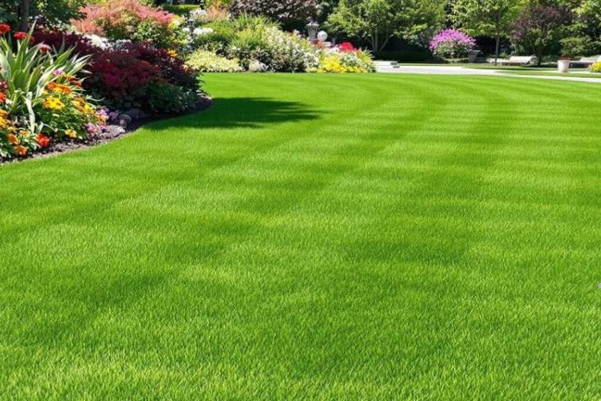 A picturesque lawn showcasing green grass and blooming flowers, perfect for discussing synthetic turf installation and care.