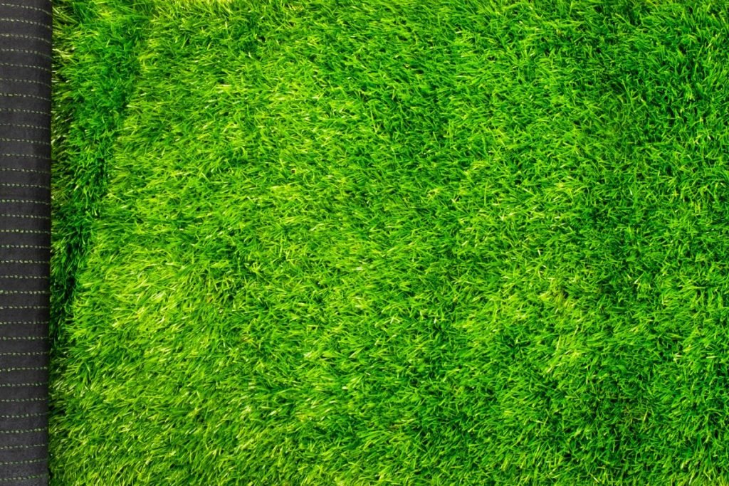 A vibrant green grass backdrop featuring a sleek black mat, highlighting the interplay of natural and artificial elements.