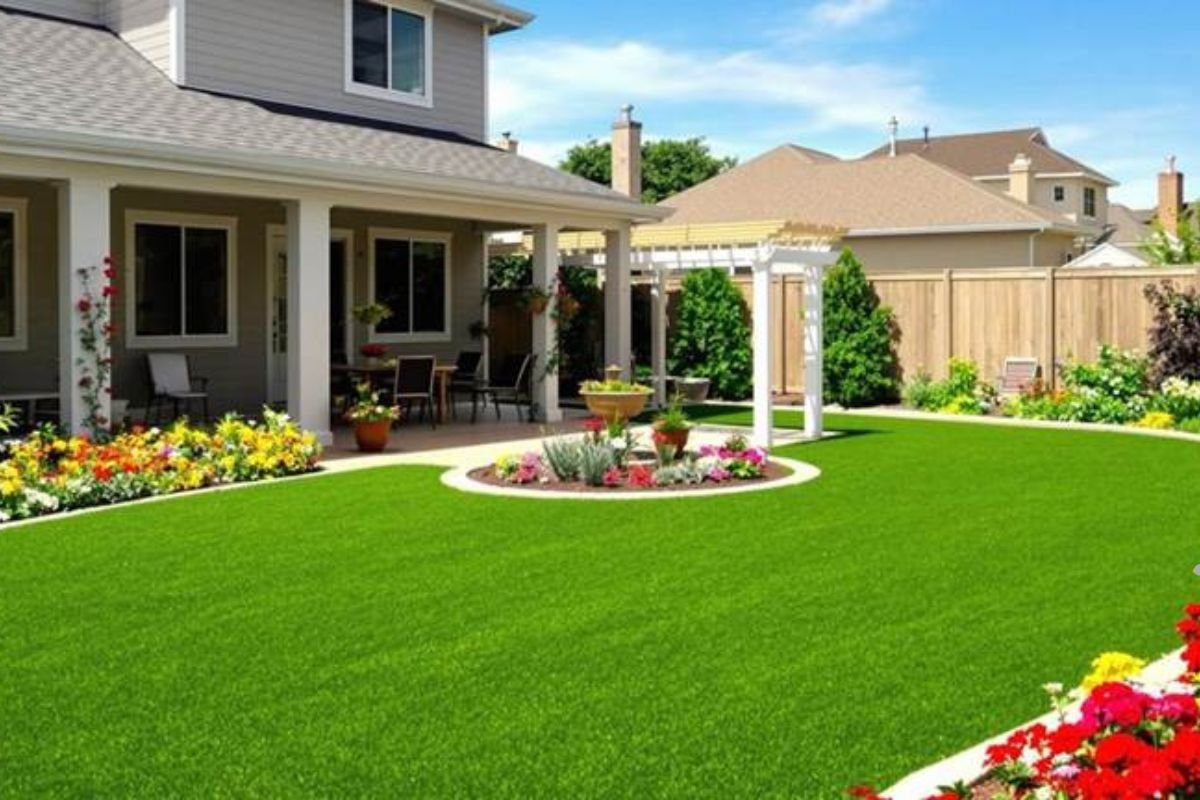 A picturesque backyard adorned with colorful flowers and pristine artificial grass, highlighting a serene environment.
