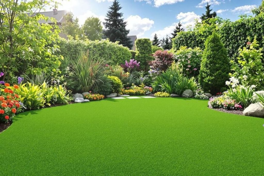 Lush artificial grass installed in a garden, showcasing a vibrant green landscape ideal for outdoor spaces in Seattle.